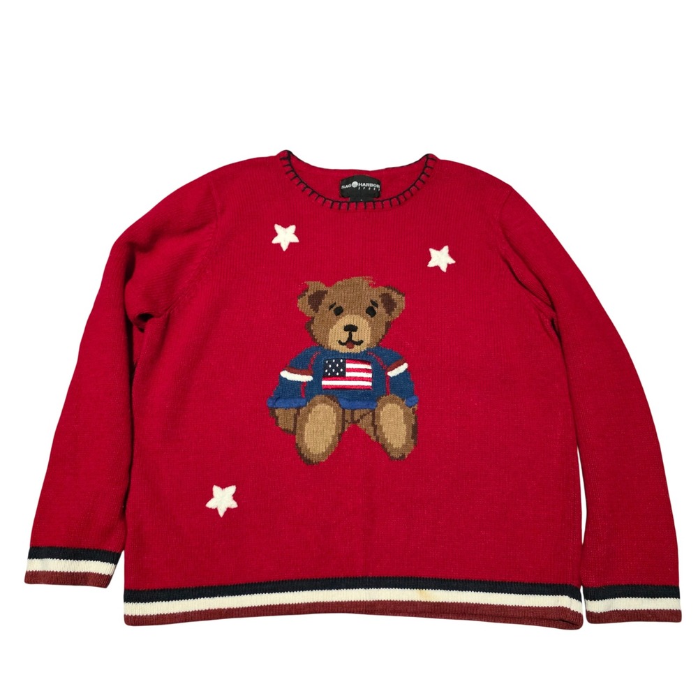 Sag Harbor Sport VTG Women's‎ Red Teddy Bear American Flag Knit Sweater Large
